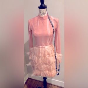 New Sheer lined blush feather dress by “pretty little things” size 8